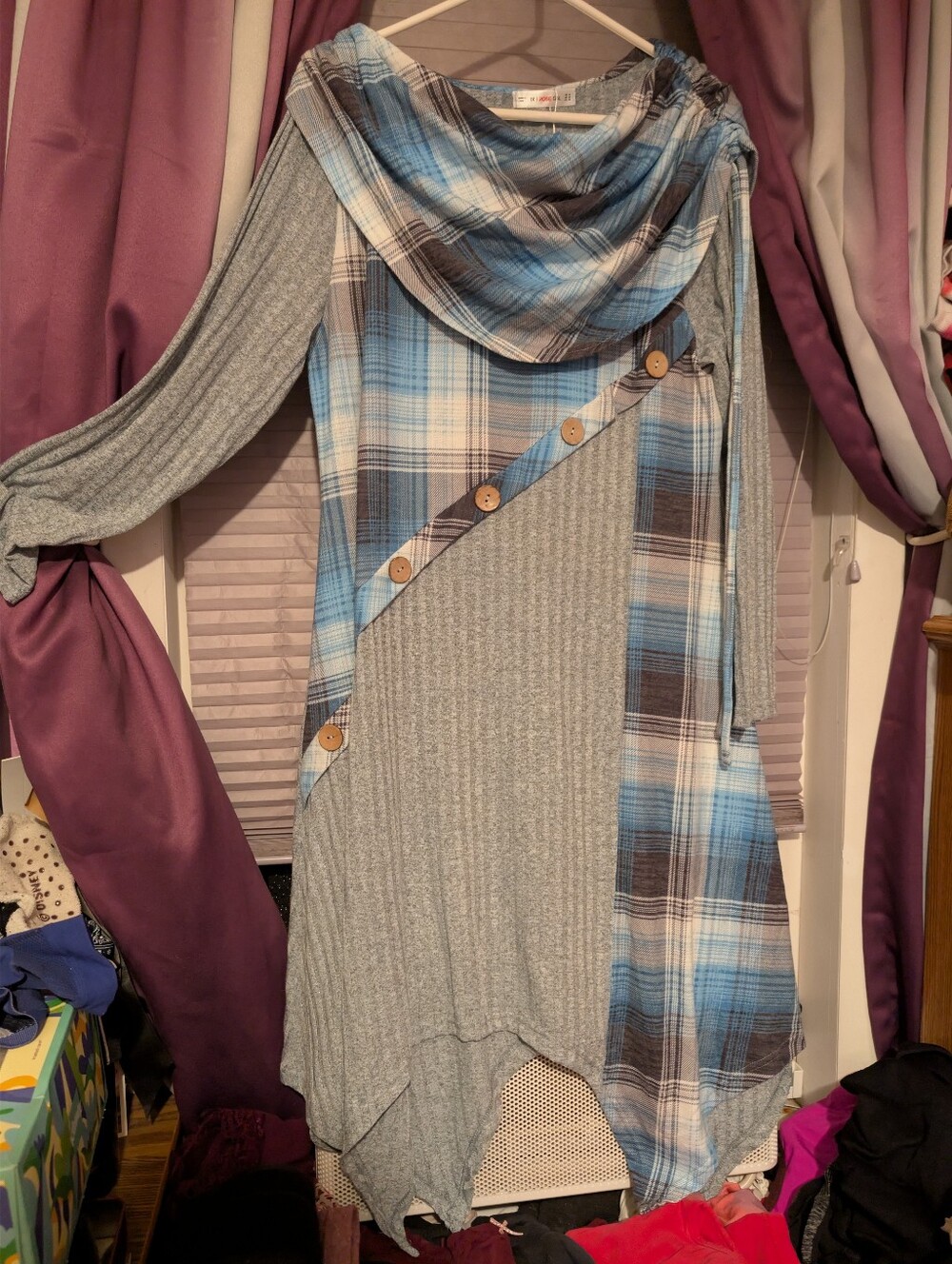 Grey With Blue Plaid Long Sleeve Handkerchief Sress